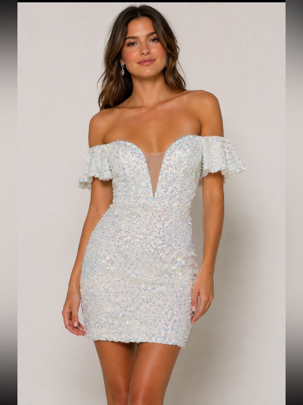 Sherri Hill Off Shoulder Sequin Bodycon Deep V Neck White Sequin Mini Dress - 0